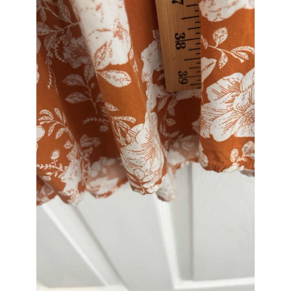Floral Midi Dress M White Burnt Orange Boho Tiered V Neck Short Sleeve Tie Waist - Picture 11 of 11